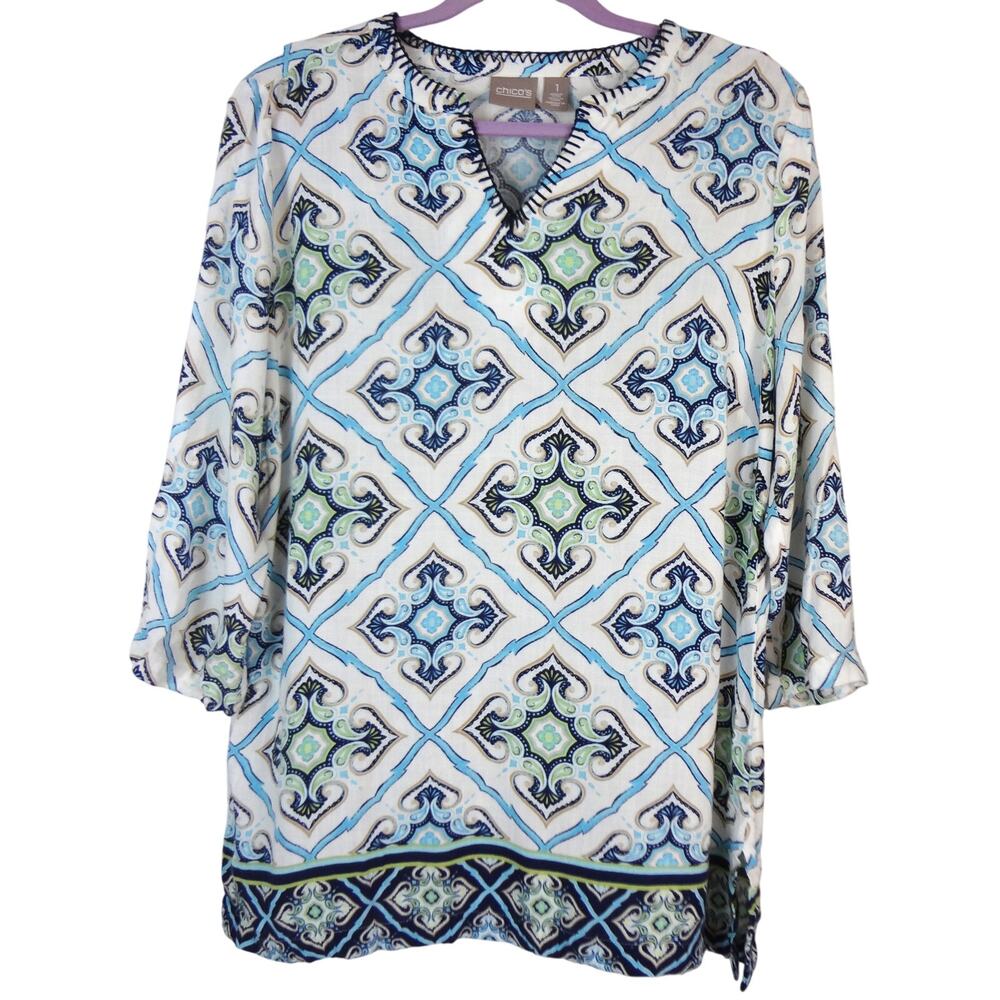 Chicos 1 White Blue Summer Top 3/4 Sleeve Tunic Batik Geometric Women Medium